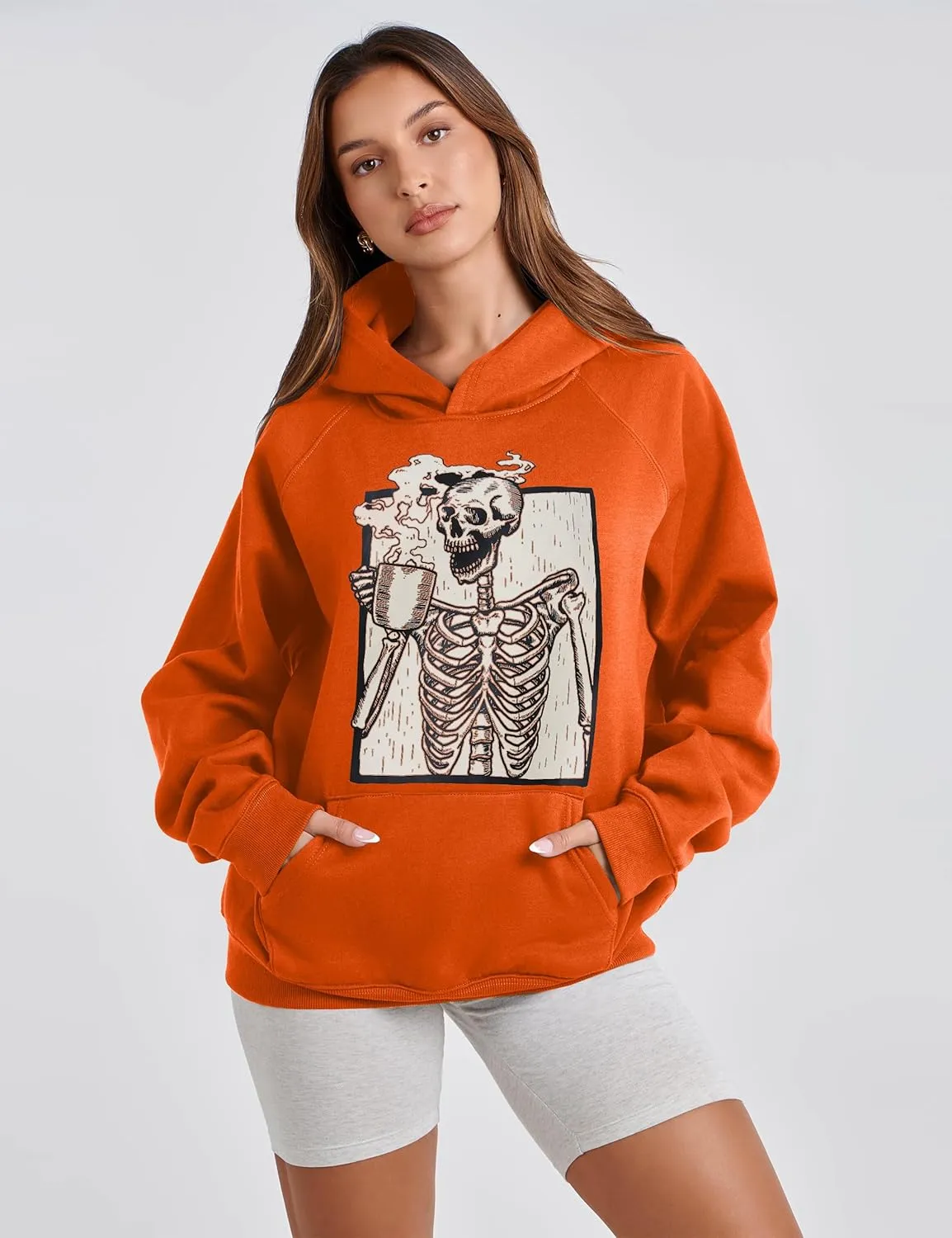 Women Skull Graphic Printed Fleece Oversized Hoodie Sweatshirt Long Sleeve Drop Shoulder Pullovers Top