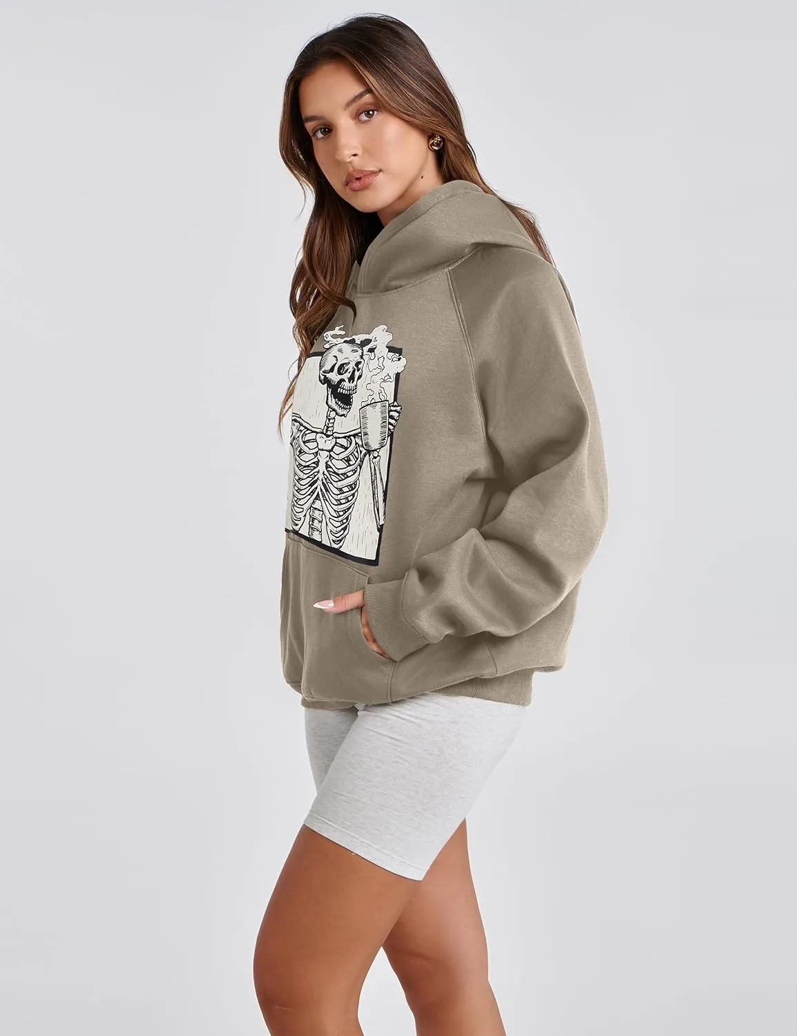 Women Skull Graphic Printed Fleece Oversized Hoodie Sweatshirt Long Sleeve Drop Shoulder Pullovers Top