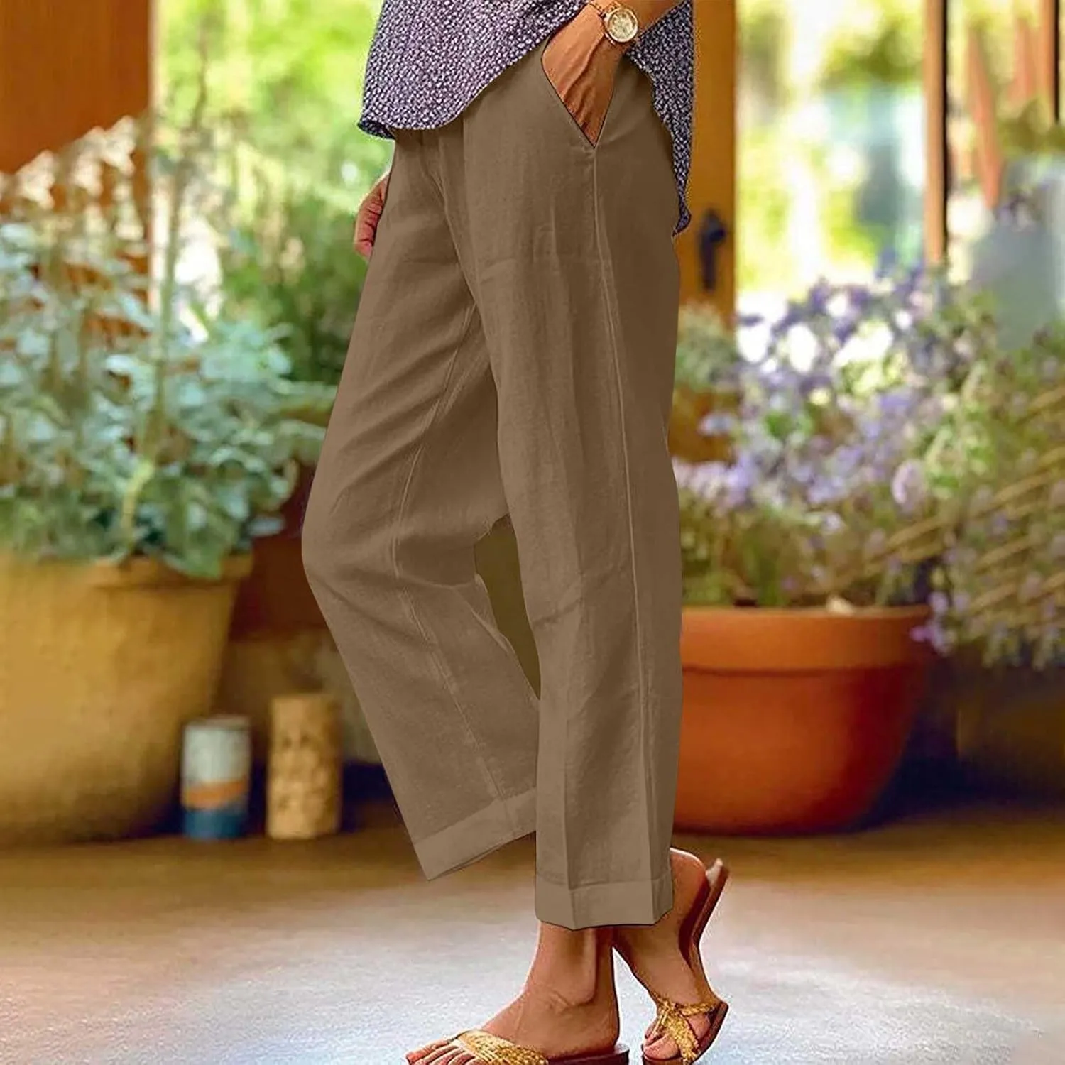 Women Summer Linen Pants Straight Leg Beach Vacation Comfy Beach Trousers Dressy Casual Palazzo Pant with Pockets