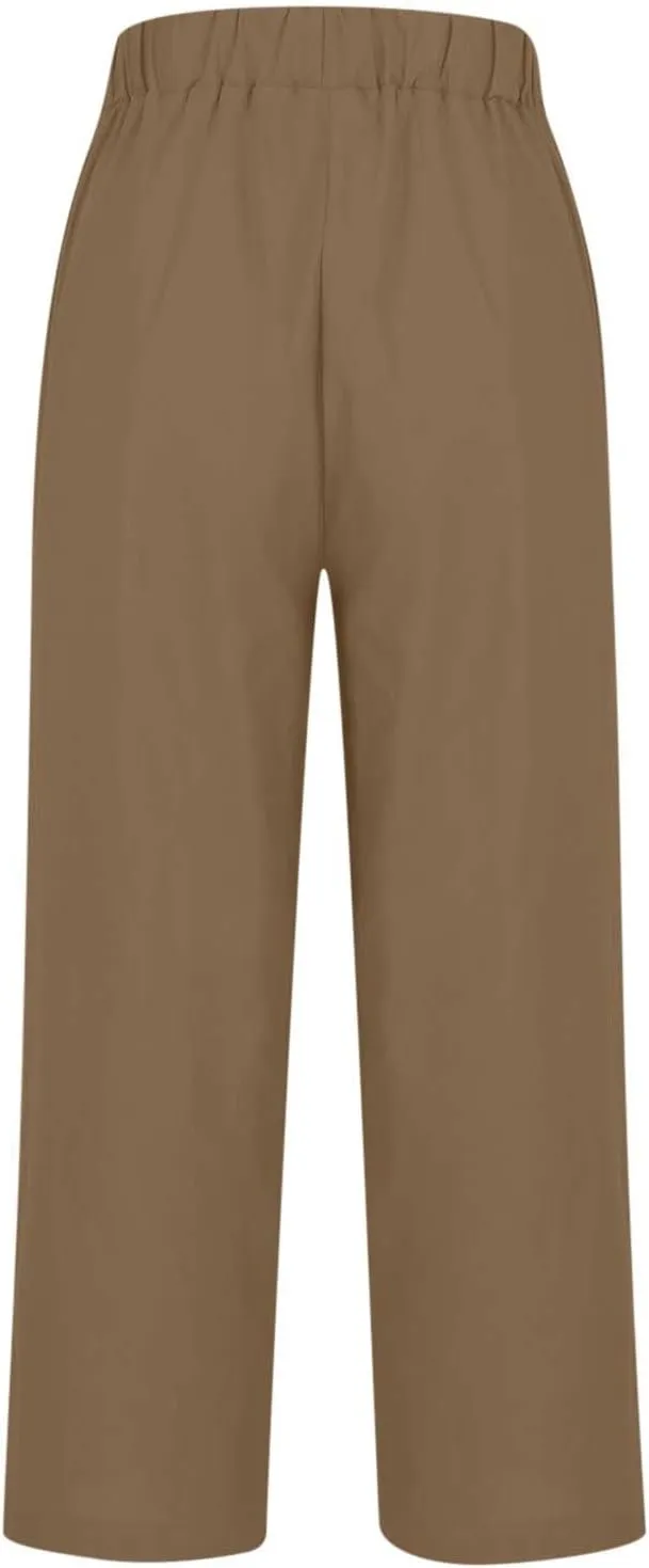 Women Summer Linen Pants Straight Leg Beach Vacation Comfy Beach Trousers Dressy Casual Palazzo Pant with Pockets