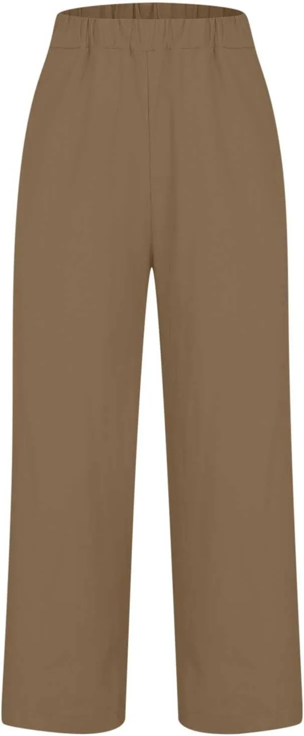 Women Summer Linen Pants Straight Leg Beach Vacation Comfy Beach Trousers Dressy Casual Palazzo Pant with Pockets