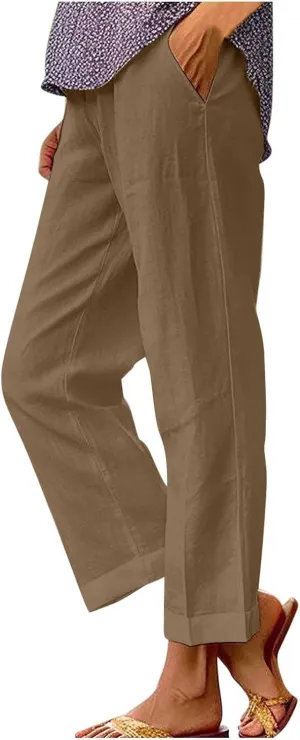 Women Summer Linen Pants Straight Leg Beach Vacation Comfy Beach Trousers Dressy Casual Palazzo Pant with Pockets