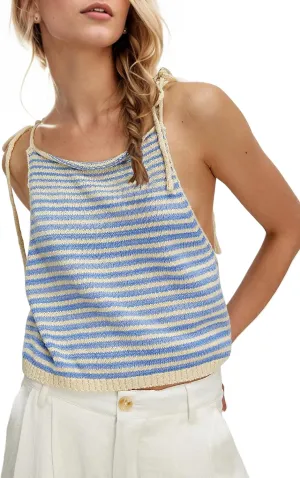 Women Summer Striped Tie Shoulder Sweater Tank Color Block Knit Scoop Neck Beach Vacation Crop Cami Tops