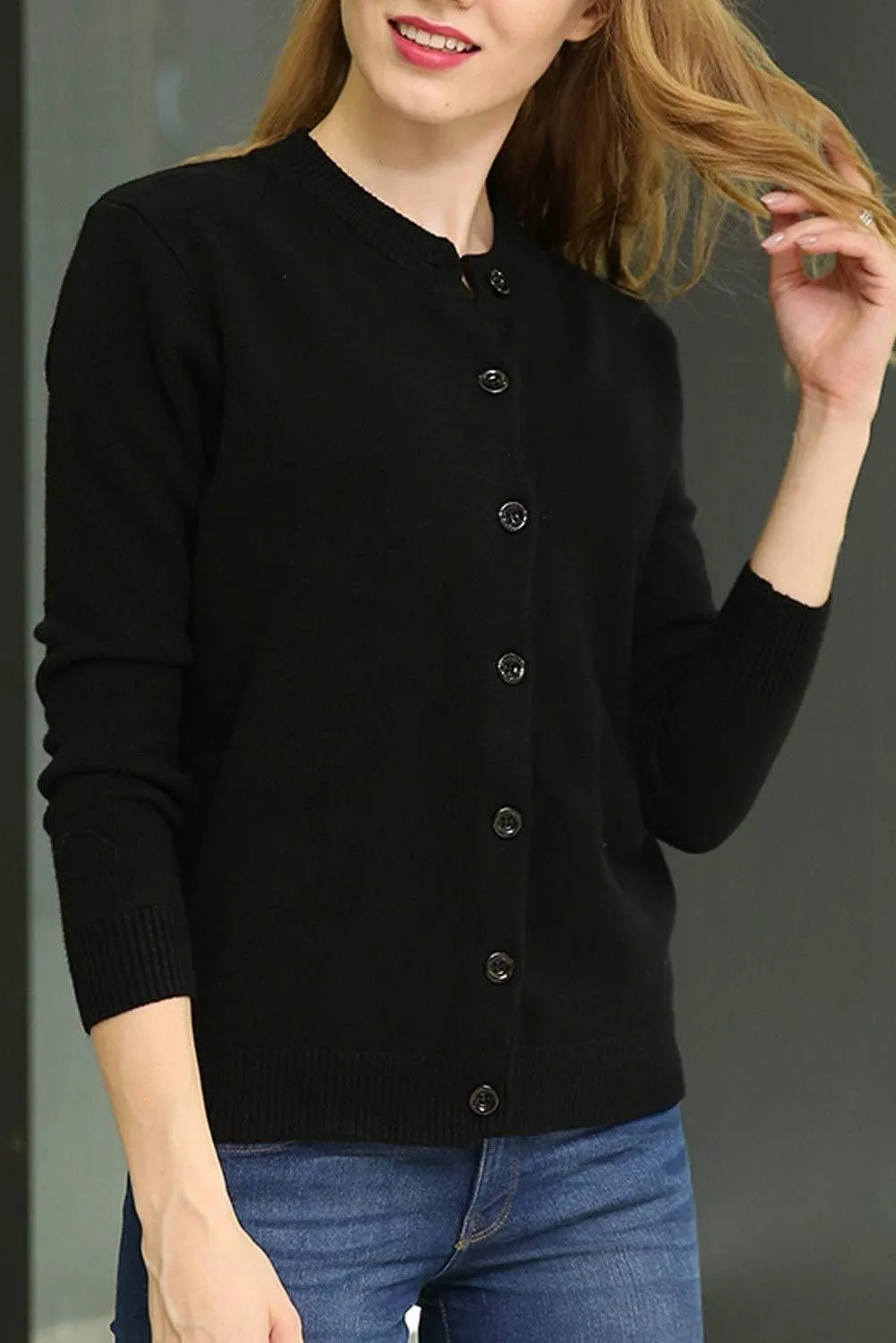 Women Thick Button Down Cardigan Sweaters Crew Neck Medium Weight Long Sleeve