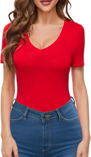 Women V Neck Short Sleeve Tight Fitted Summer Dressy Casual Sexy Cute Tops T Shirts Tee Tshirt Clothes