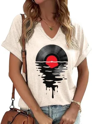 Women Vintage V Neck Shirts Rock and Roll Music Guitar Graphic T Shirt Country Music Tops Teacher Tee
