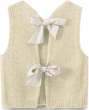 Women Y2k Bow Tie Sweater Vest Top Back Split Sleeveless Crochet Short Sweater Shirt Casual Knit Cardigan Tank Tops