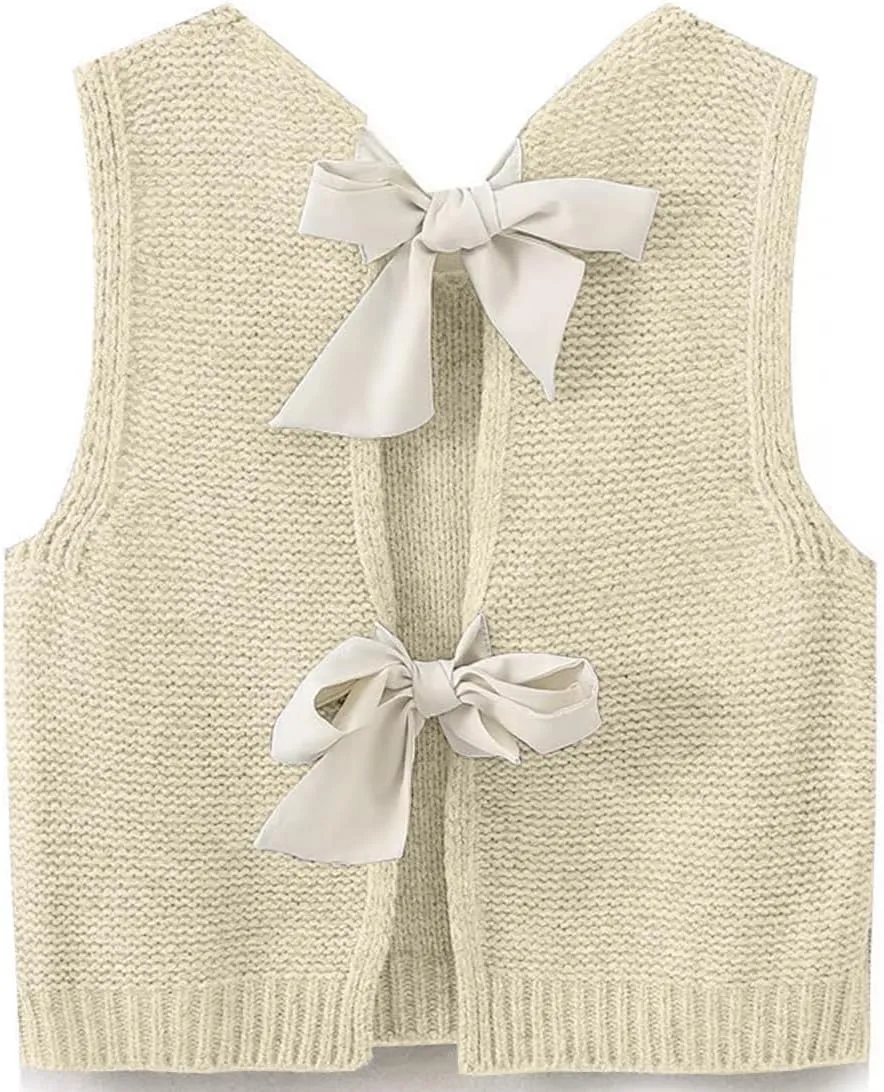 Women Y2k Bow Tie Sweater Vest Top Back Split Sleeveless Crochet Short Sweater Shirt Casual Knit Cardigan Tank Tops