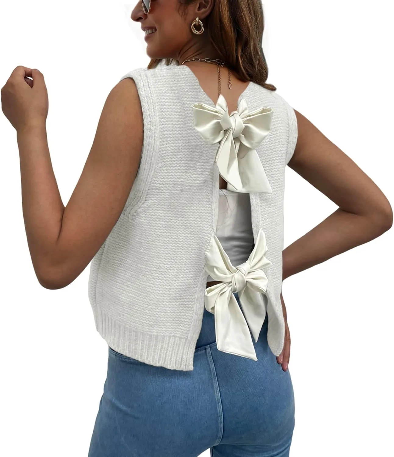 Women Y2k Bow Tie Sweater Vest Top Back Split Sleeveless Crochet Short Sweater Shirt Casual Knit Cardigan Tank Tops