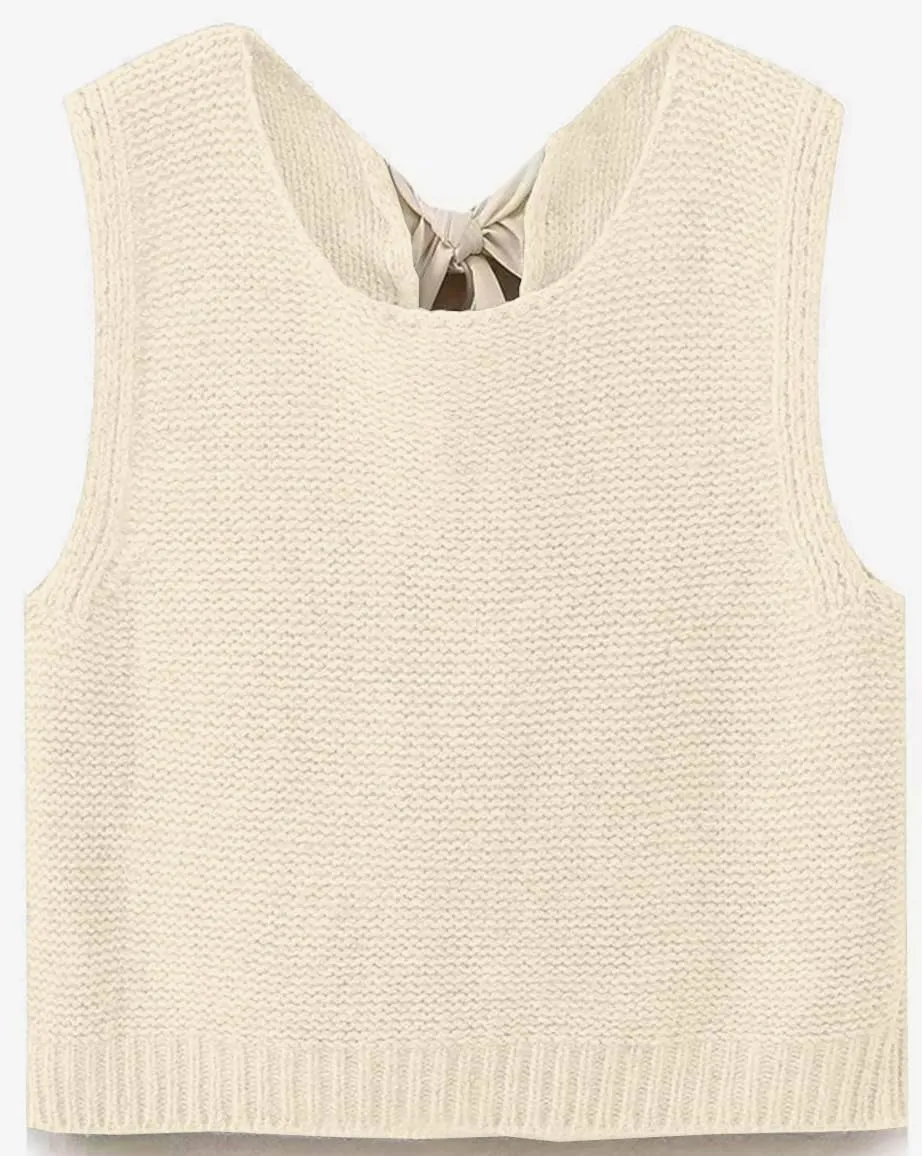 Women Y2k Bow Tie Sweater Vest Top Back Split Sleeveless Crochet Short Sweater Shirt Casual Knit Cardigan Tank Tops