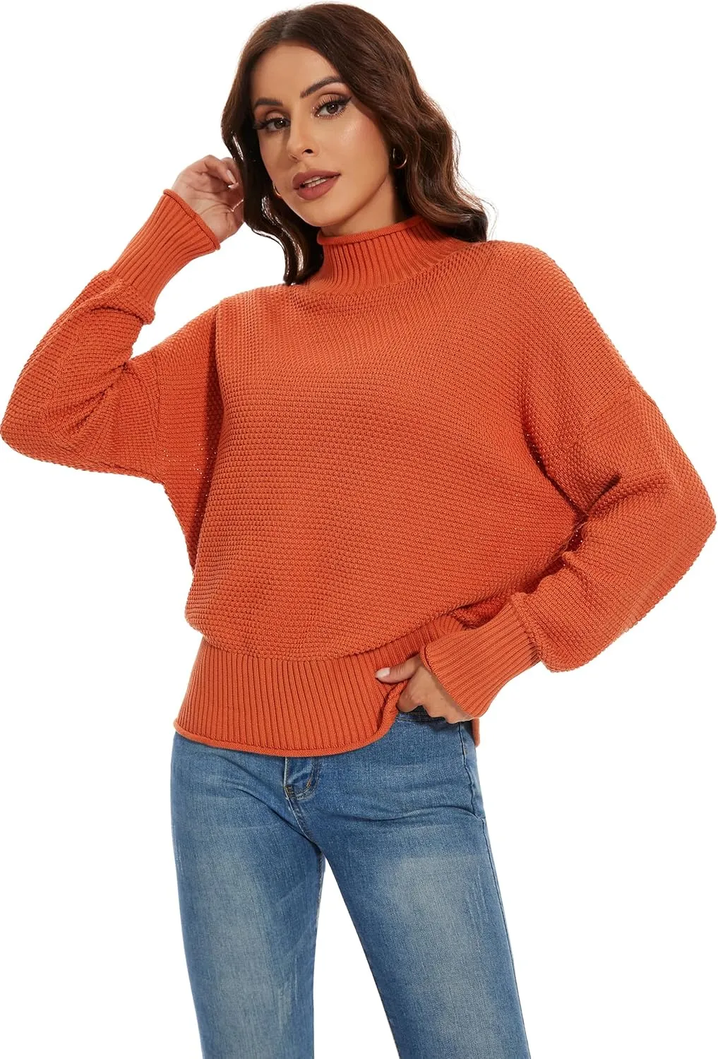 Women's 100% Cotton Turtleneck Oversized Sweaters 2024 Loose Long Sleeve Pullover Batwing Knit Jumper