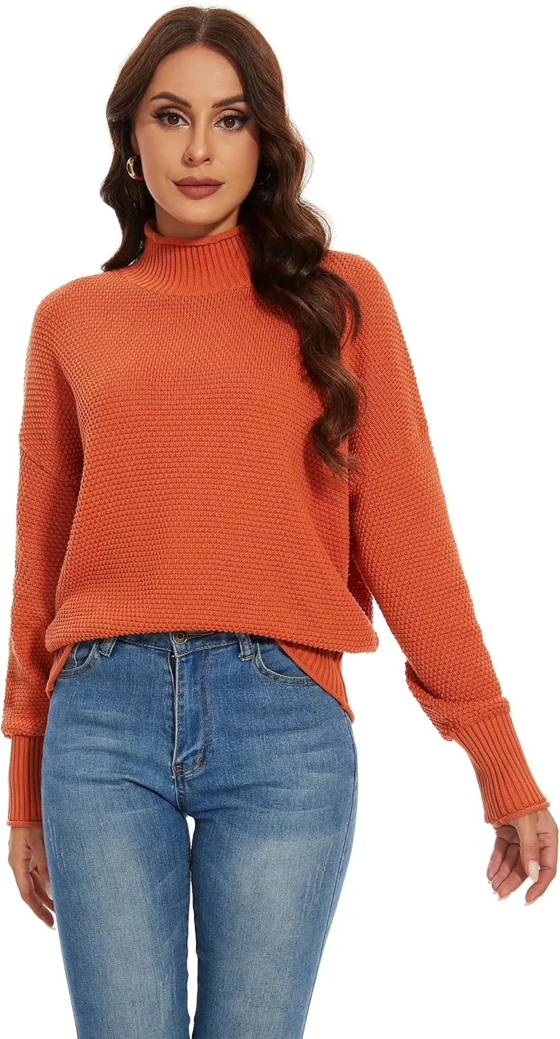 Women's 100% Cotton Turtleneck Oversized Sweaters 2024 Loose Long Sleeve Pullover Batwing Knit Jumper
