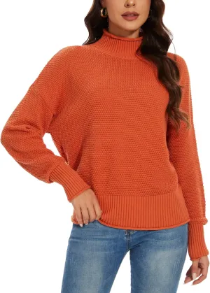 Women's 100% Cotton Turtleneck Oversized Sweaters 2024 Loose Long Sleeve Pullover Batwing Knit Jumper