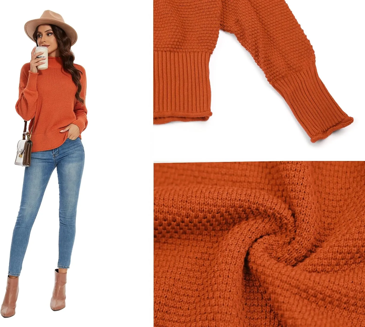 Women's 100% Cotton Turtleneck Oversized Sweaters 2024 Loose Long Sleeve Pullover Batwing Knit Jumper