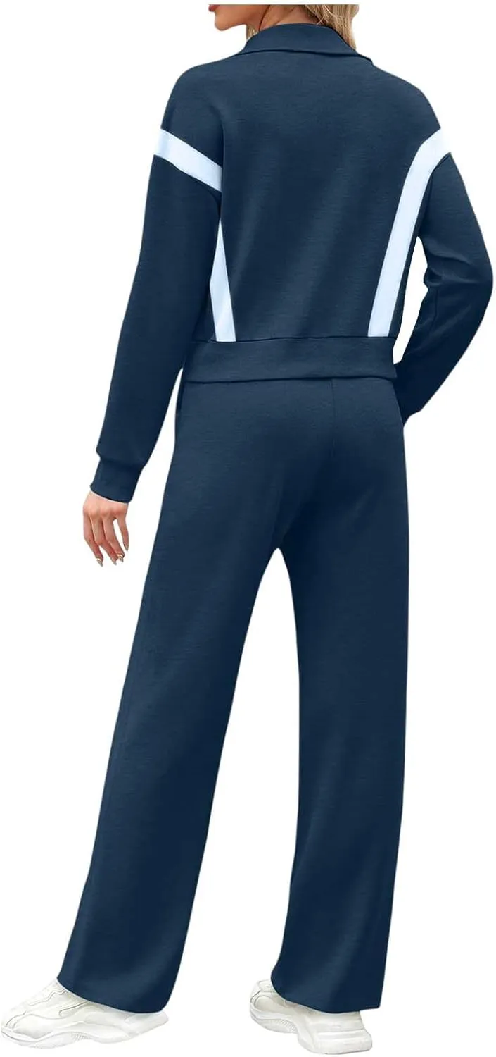 Women's 2 Piece Athleisure Set, Half High Neck Zip Jacket, Wide Leg Elastic High Waisted Pockets Pants Jogging Outfit