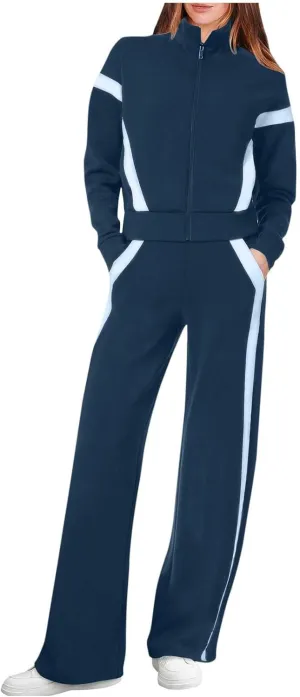 Women's 2 Piece Athleisure Set, Half High Neck Zip Jacket, Wide Leg Elastic High Waisted Pockets Pants Jogging Outfit