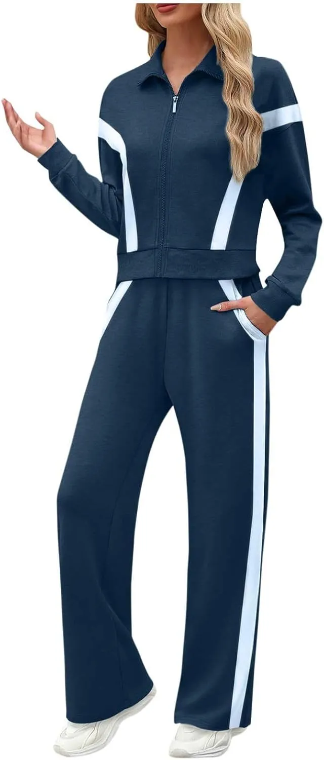 Women's 2 Piece Athleisure Set, Half High Neck Zip Jacket, Wide Leg Elastic High Waisted Pockets Pants Jogging Outfit