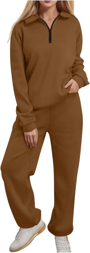 Womens 2 Piece Outfits Lounge Half Zip Hoodie Sweatsuit Sets Oversized Sweatshirt Baggy Fall Fashion Sweatpants A-Brown