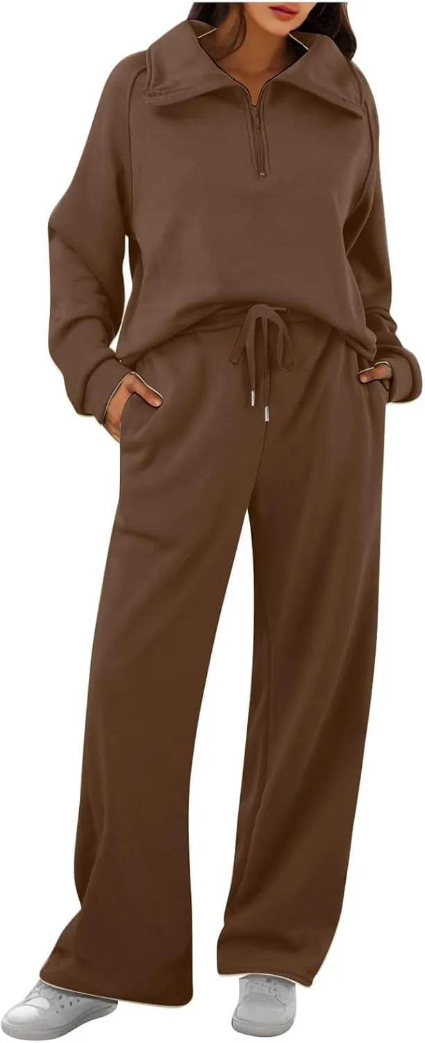 Womens 2 Piece Outfits Lounge Half Zip Hoodie Sweatsuit Sets Oversized Sweatshirt Baggy Fall Fashion Sweatpants Brown