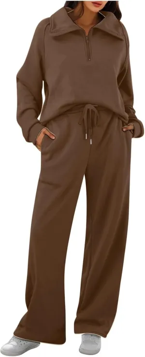 Womens 2 Piece Outfits Lounge Half Zip Hoodie Sweatsuit Sets Oversized Sweatshirt Baggy Fall Fashion Sweatpants Brown