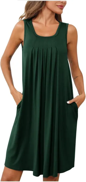 Women's 2024 Summer Casual Loose Beach Sleeveless Midi Sundress with Pockets Swing Solid Ruffle A-Line Dresses