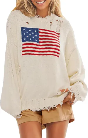 Womens American Flag Sweater Casual Ripped Crew Neck Long Sleeve Knit Pullover Tops