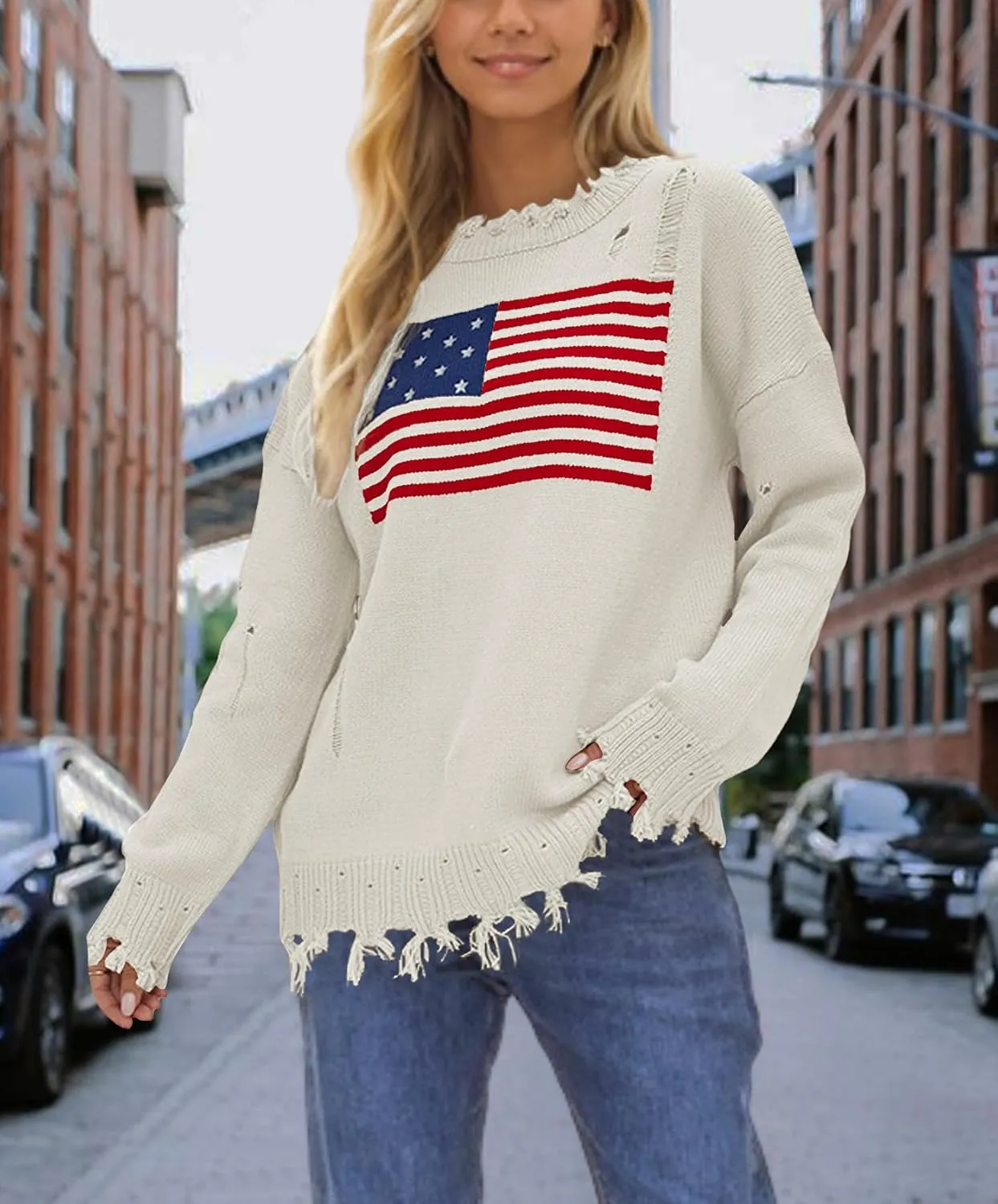Womens American Flag Sweater Casual Ripped Crew Neck Long Sleeve Knit Pullover Tops