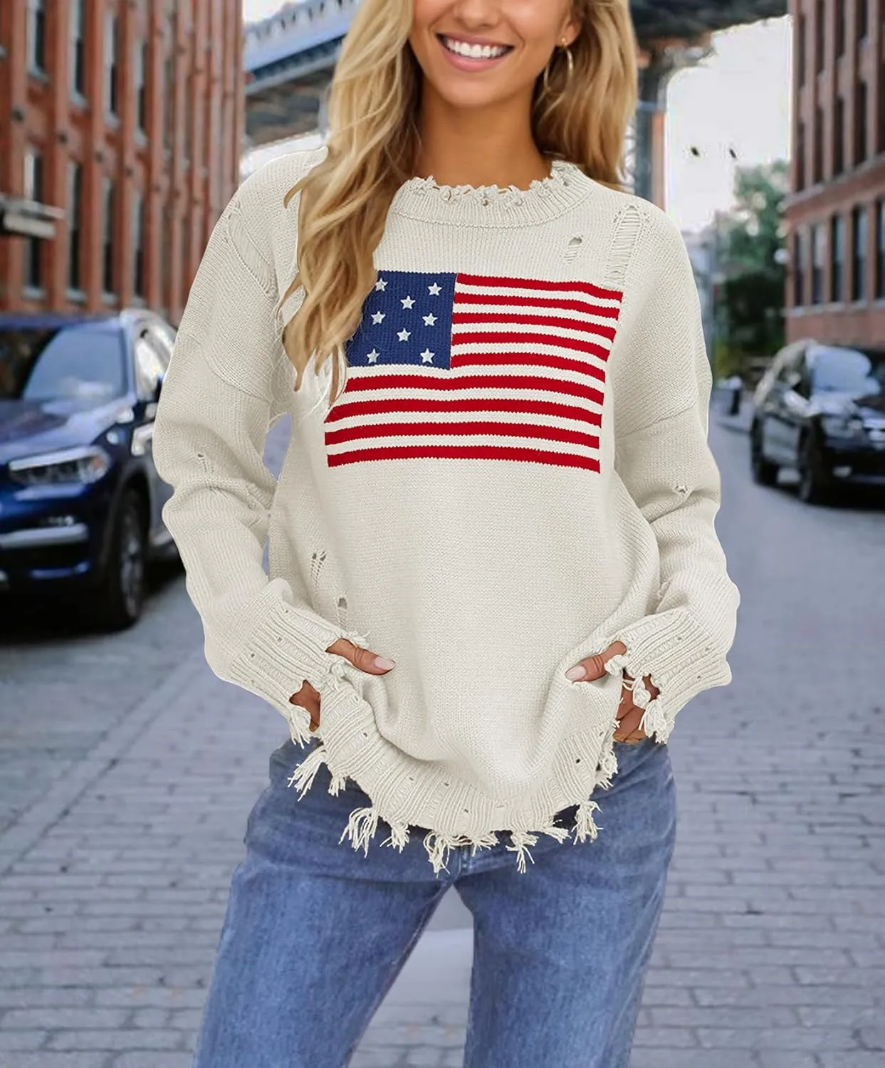 Womens American Flag Sweater Casual Ripped Crew Neck Long Sleeve Knit Pullover Tops