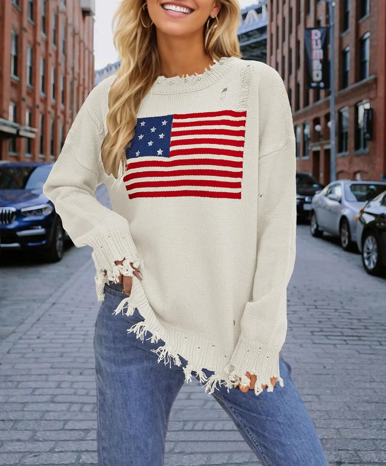 Womens American Flag Sweater Casual Ripped Crew Neck Long Sleeve Knit Pullover Tops