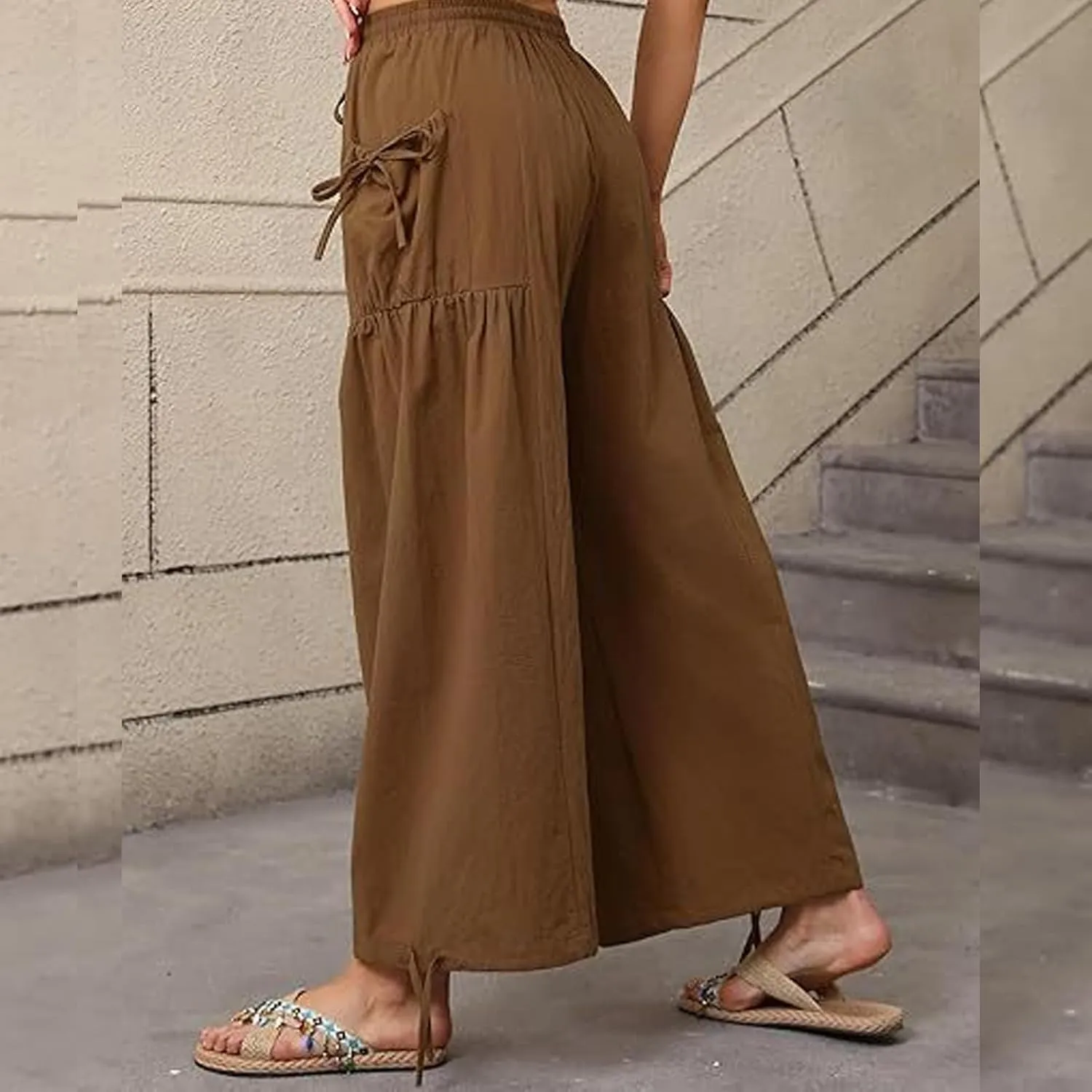 Women's Boho Pants Casual Loose Summer Wide Leg Drawstring High Waist Palazzo Trousers Beach Pant with Pockets