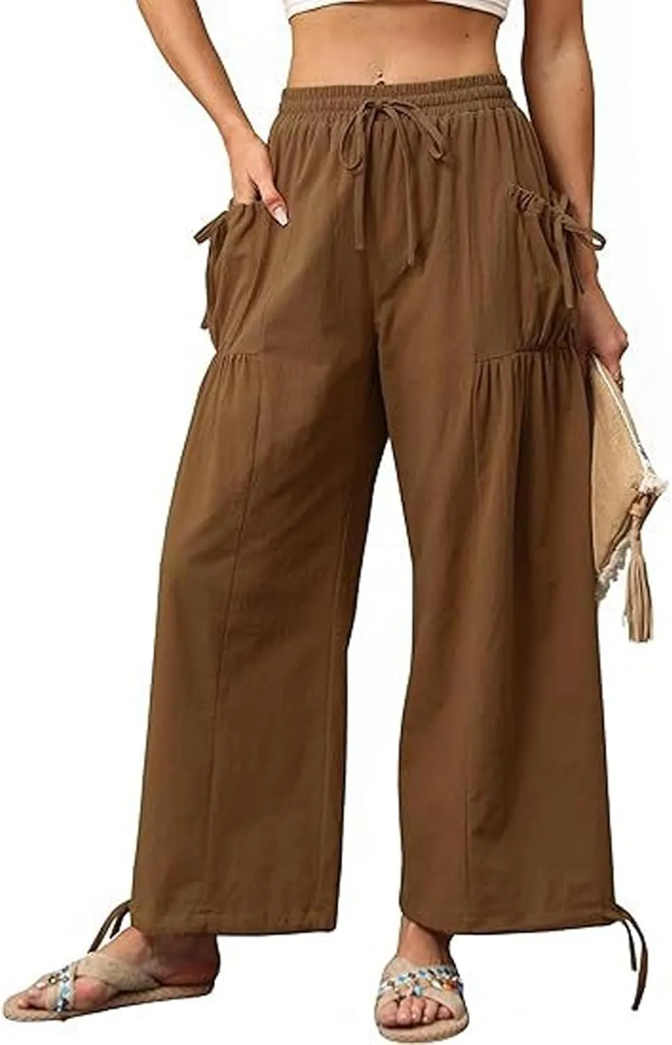 Women's Boho Pants Casual Loose Summer Wide Leg Drawstring High Waist Palazzo Trousers Beach Pant with Pockets