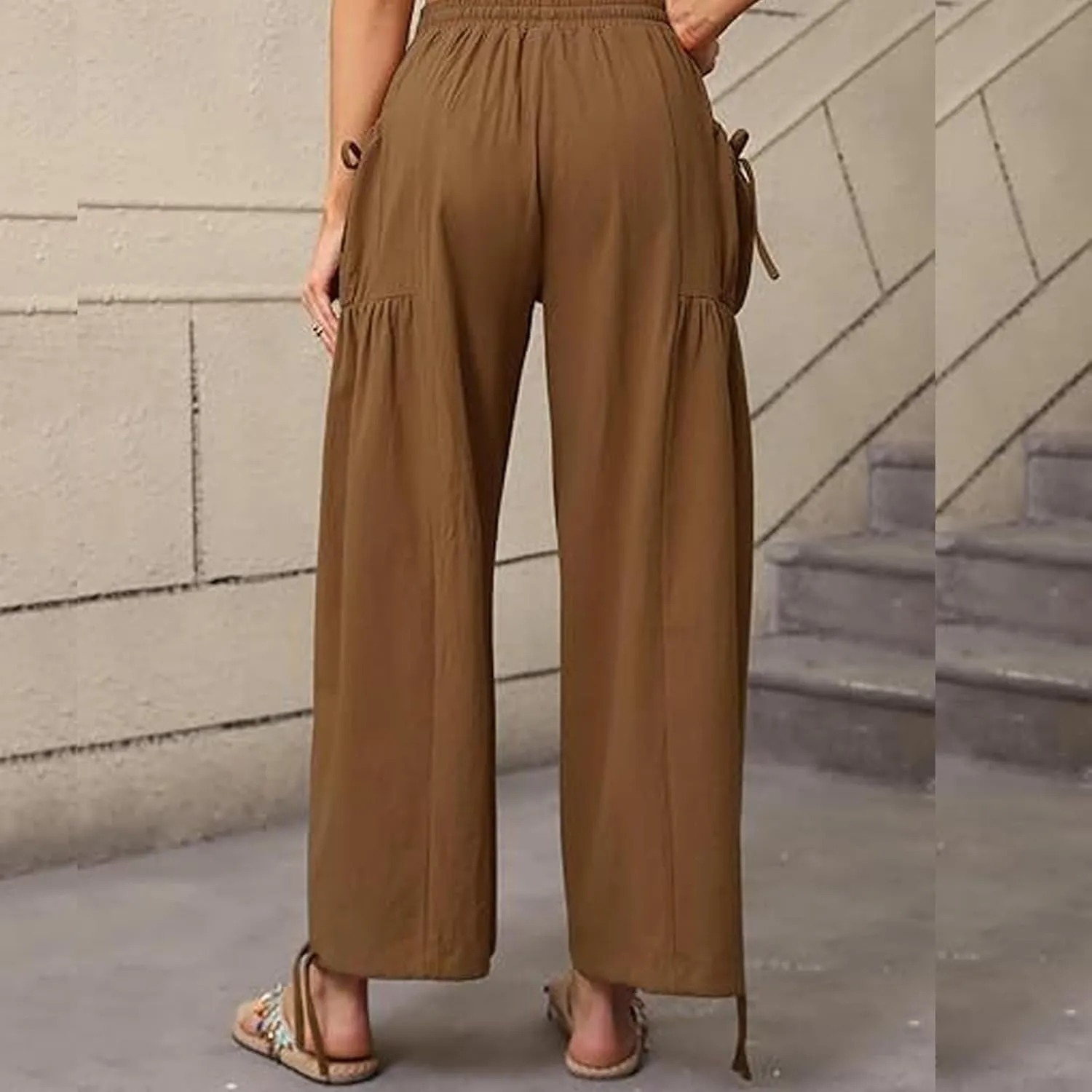 Women's Boho Pants Casual Loose Summer Wide Leg Drawstring High Waist Palazzo Trousers Beach Pant with Pockets
