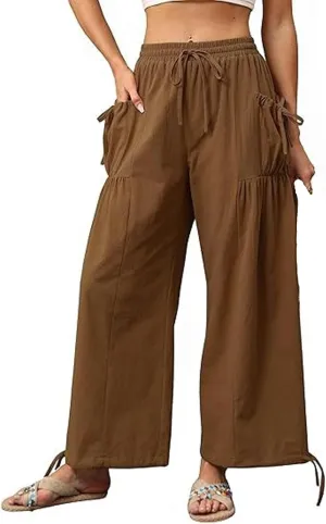 Women's Boho Pants Casual Loose Summer Wide Leg Drawstring High Waist Palazzo Trousers Beach Pant with Pockets