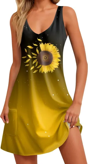 Women's Boho Sunflowers Print Trendy V Neck Sundresses Summer Beach Vacation Sleeveless Tunic Dresses