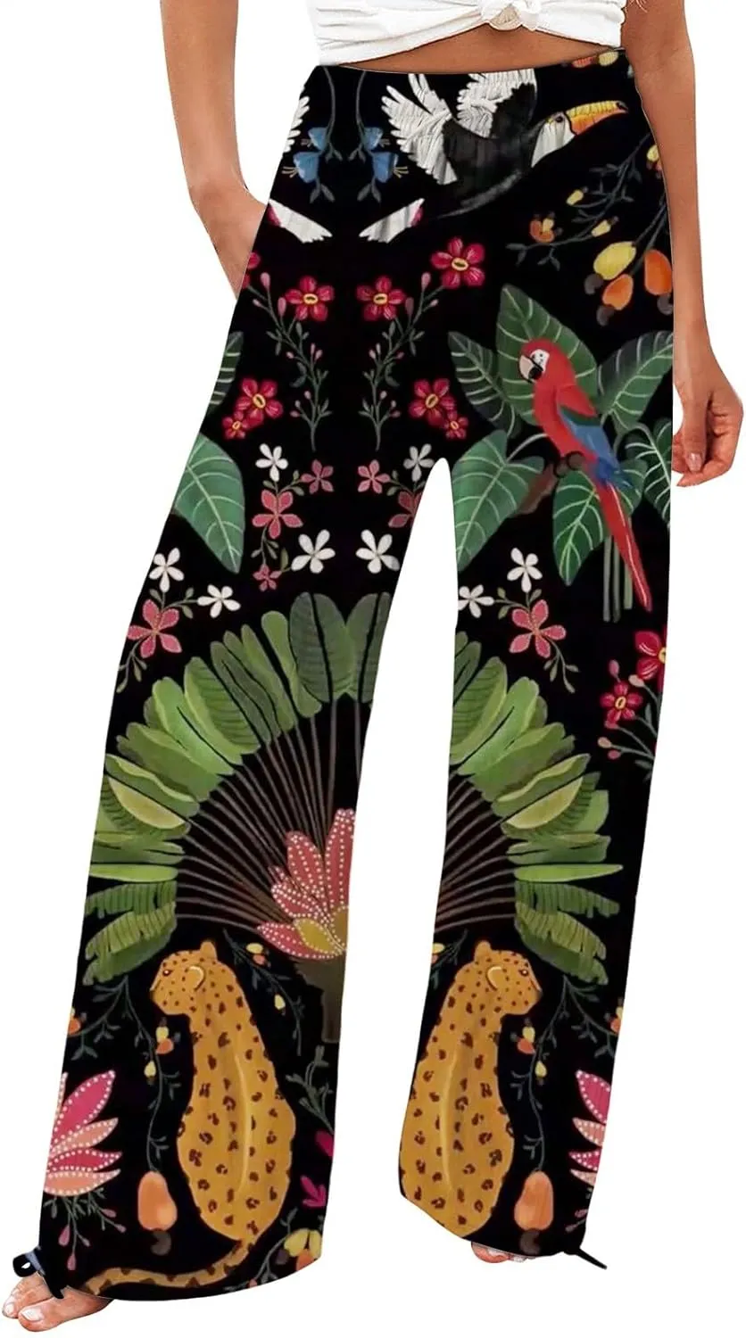 Women's Boho Wide Leg Palazzo Pants Womens Cotton Casual Loose Pants Comfy Work Pants with Long Casual Wide Leg