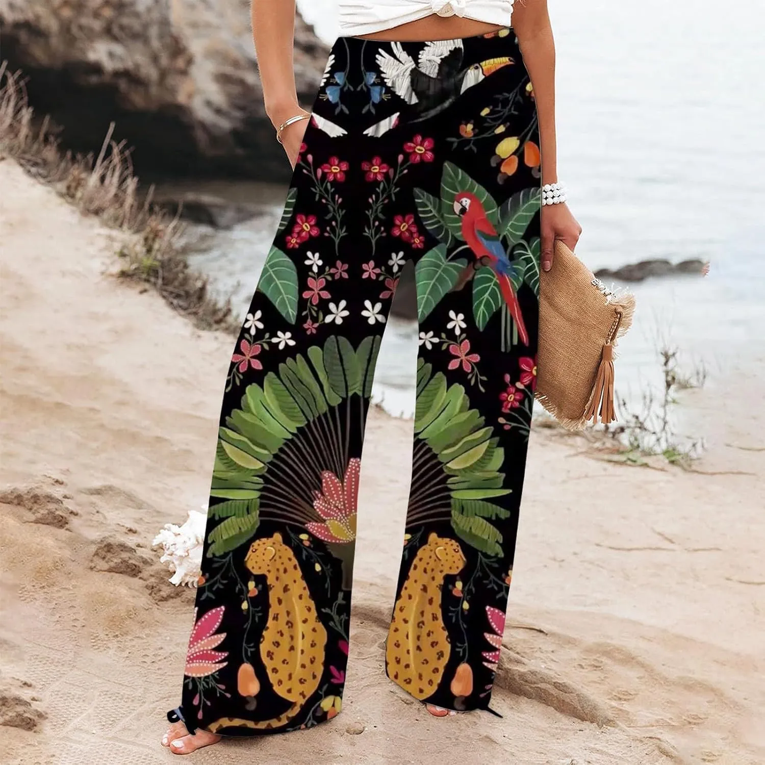 Women's Boho Wide Leg Palazzo Pants Womens Cotton Casual Loose Pants Comfy Work Pants with Long Casual Wide Leg