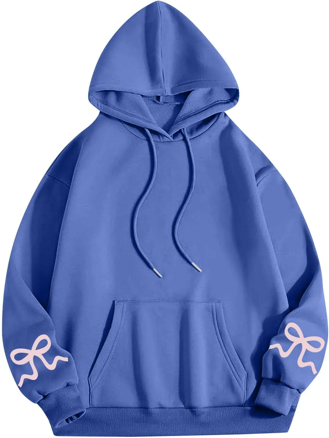 Womens Bow Trim Print Fleeced Hoodies Oversized Long Sleeve Hooded Sweatshirts Cute Print Drop Shoulder Pullover Top