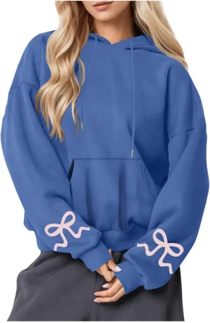 Womens Bow Trim Print Fleeced Hoodies Oversized Long Sleeve Hooded Sweatshirts Cute Print Drop Shoulder Pullover Top