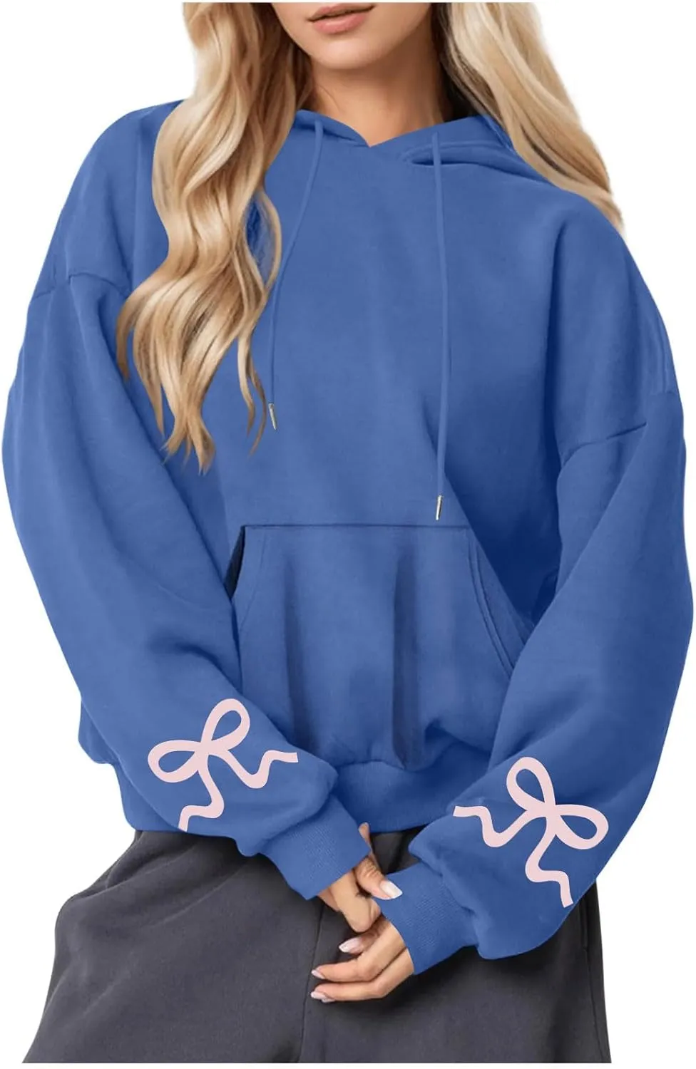 Womens Bow Trim Print Fleeced Hoodies Oversized Long Sleeve Hooded Sweatshirts Cute Print Drop Shoulder Pullover Top