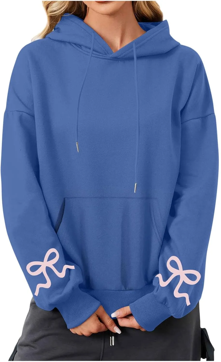 Womens Bow Trim Print Fleeced Hoodies Oversized Long Sleeve Hooded Sweatshirts Cute Print Drop Shoulder Pullover Top