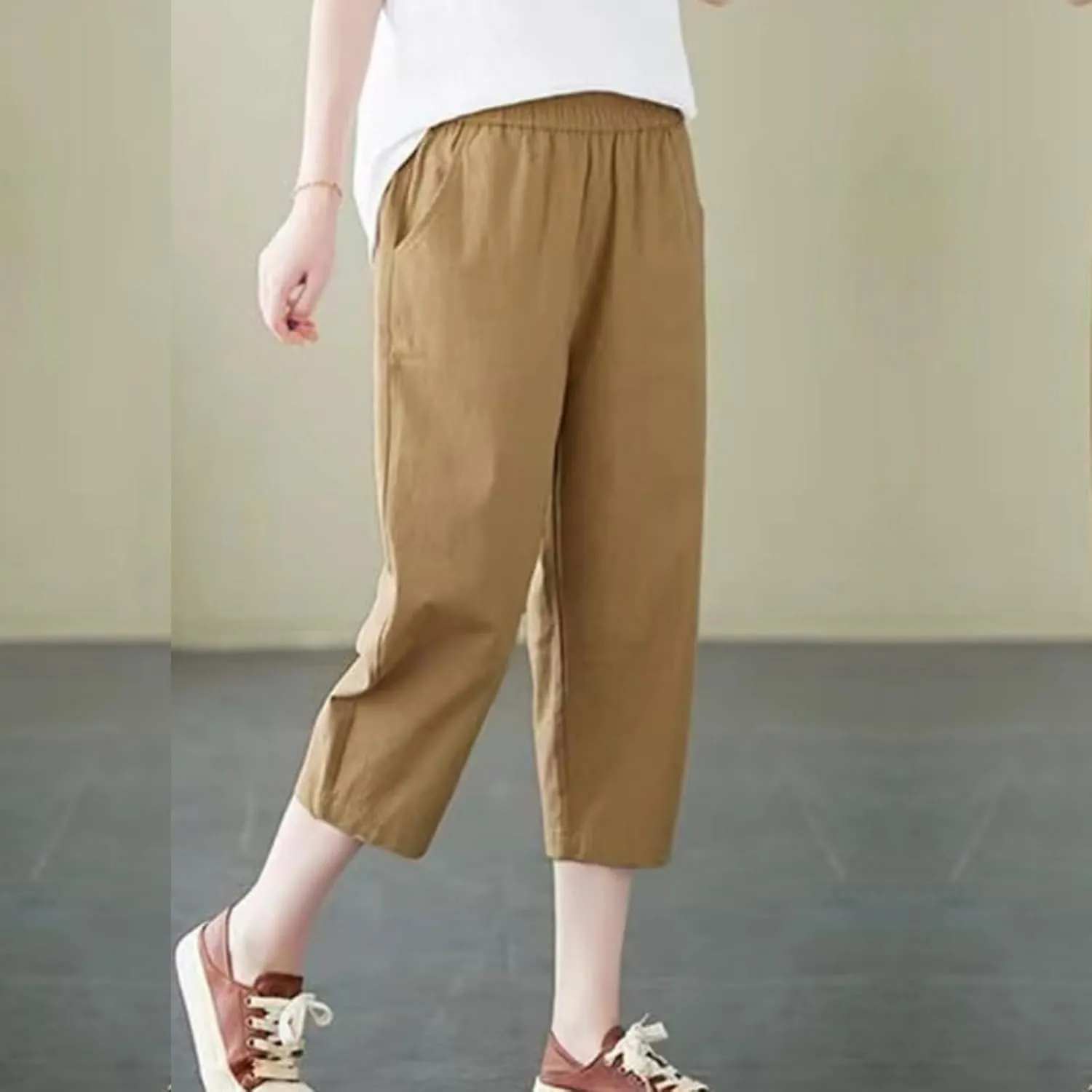 Womens Capri Pants Summer Elastic Waist Pants Dressy Casual Straight Wide Leg High Waisted Pockets Cropped Trouser