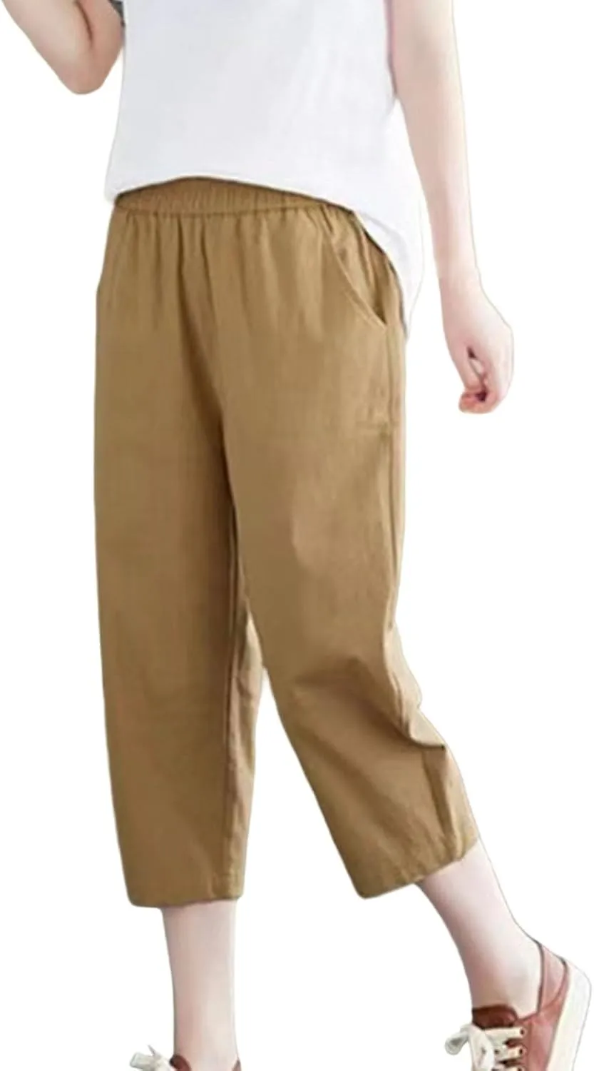 Womens Capri Pants Summer Elastic Waist Pants Dressy Casual Straight Wide Leg High Waisted Pockets Cropped Trouser
