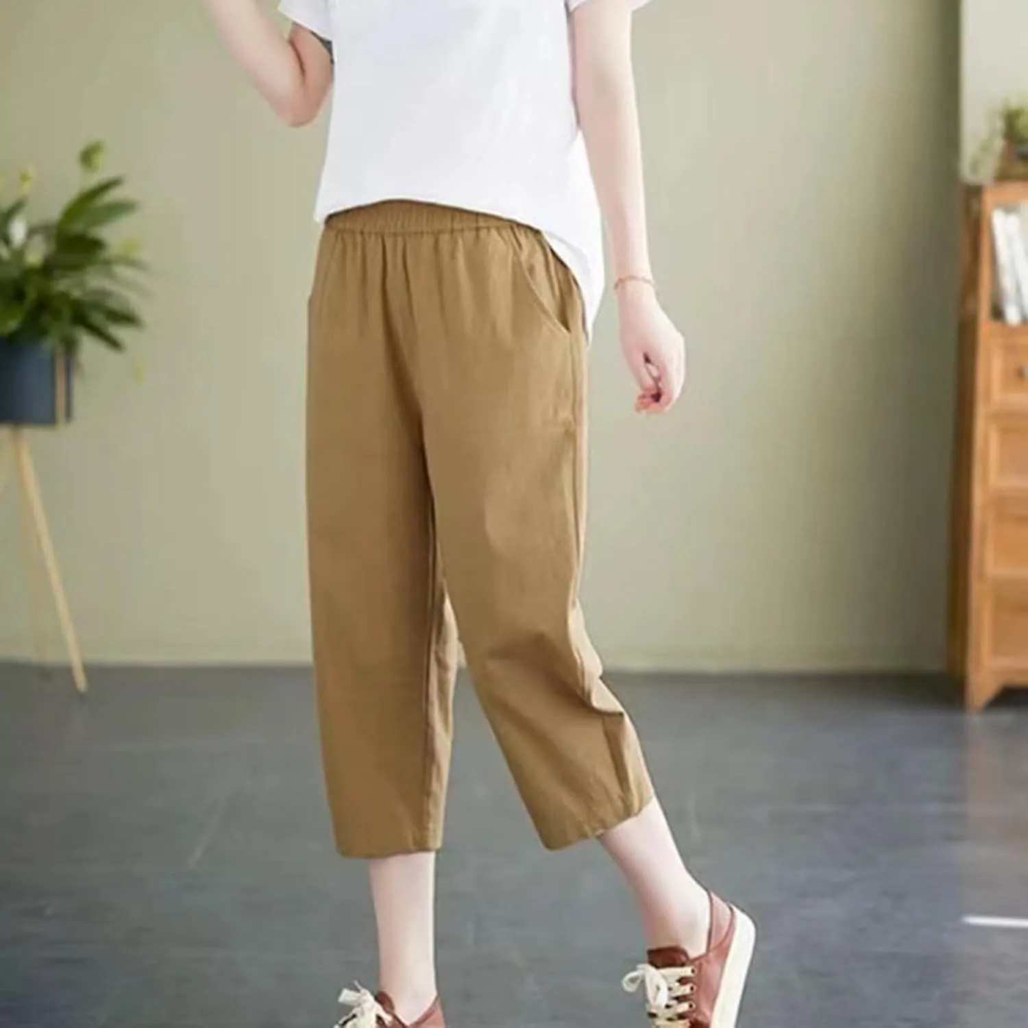Womens Capri Pants Summer Elastic Waist Pants Dressy Casual Straight Wide Leg High Waisted Pockets Cropped Trouser