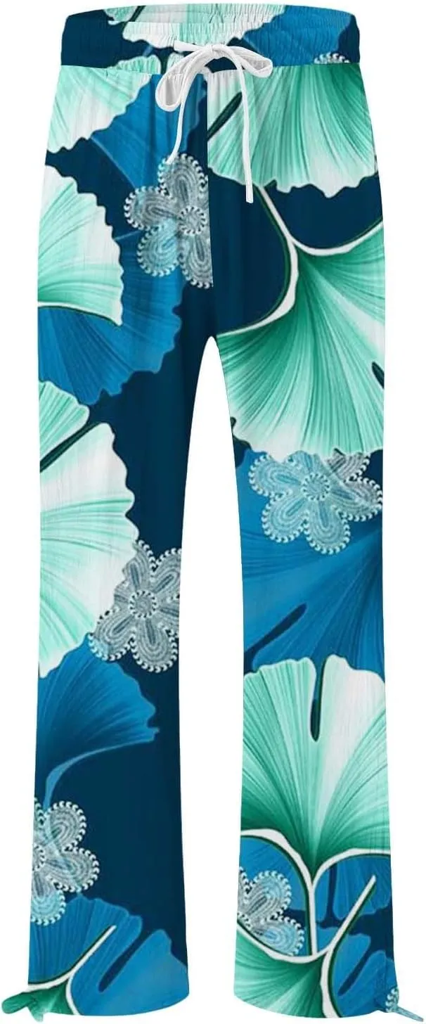 Womens Casual Boho Floral Cotton Linen Pants 2025 Elastic Waist Drawstring Summer Beach Baggy Trousers with Pockets