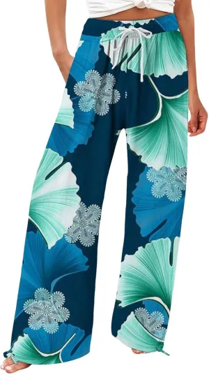 Womens Casual Boho Floral Cotton Linen Pants 2025 Elastic Waist Drawstring Summer Beach Baggy Trousers with Pockets