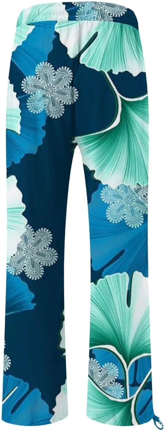 Womens Casual Boho Floral Cotton Linen Pants 2025 Elastic Waist Drawstring Summer Beach Baggy Trousers with Pockets
