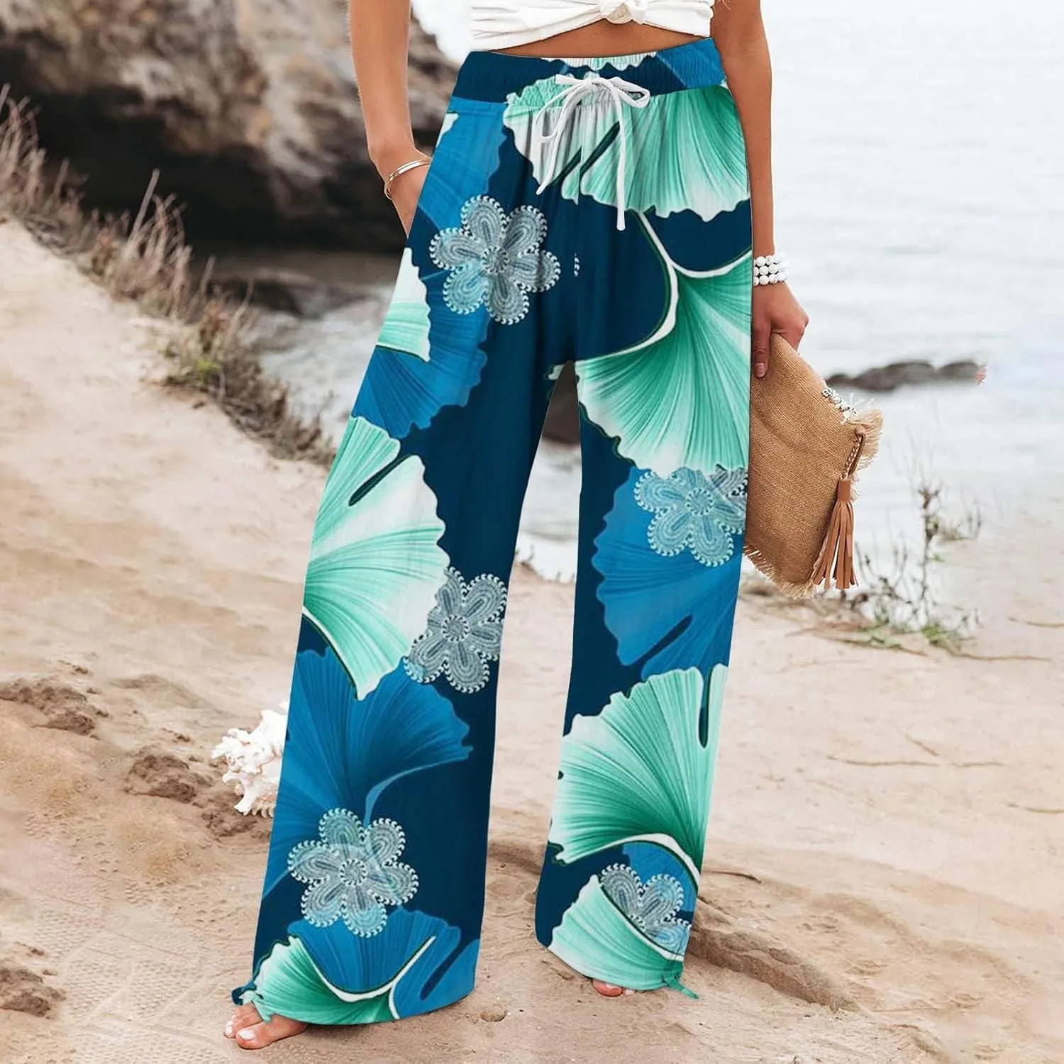 Womens Casual Boho Floral Cotton Linen Pants 2025 Elastic Waist Drawstring Summer Beach Baggy Trousers with Pockets