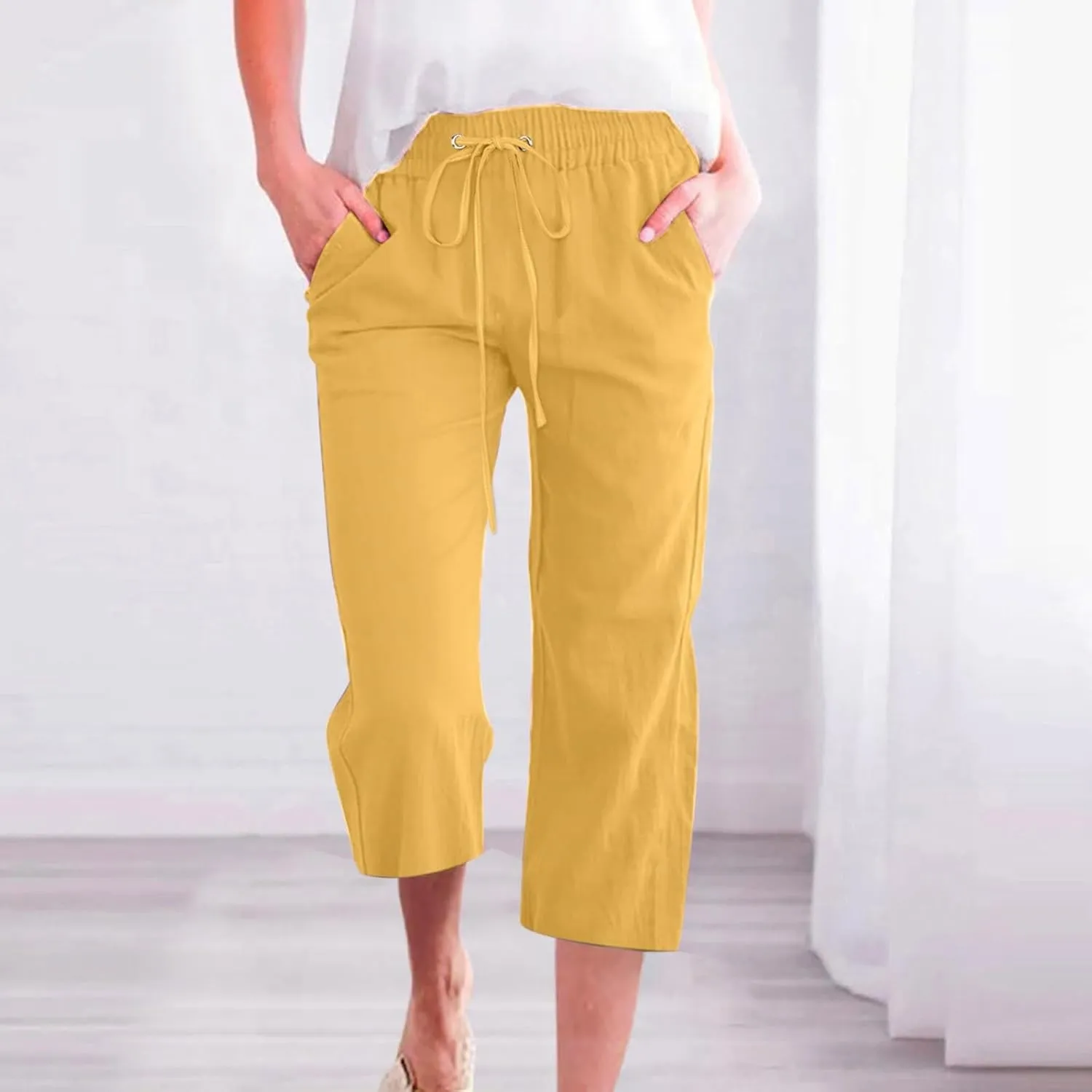 Womens Casual Cotton Linen Capri Pants Drawstring Elastic Waist Wide Leg Trousers Beach Vacation Outfits