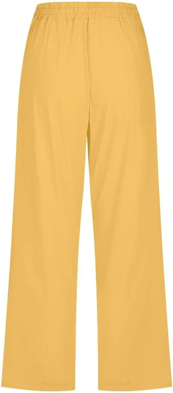 Womens Casual Cotton Linen Capri Pants Drawstring Elastic Waist Wide Leg Trousers Beach Vacation Outfits