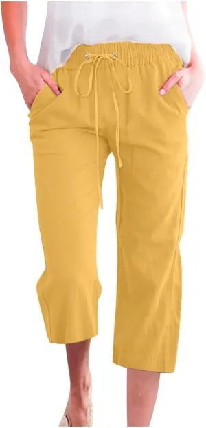 Womens Casual Cotton Linen Capri Pants Drawstring Elastic Waist Wide Leg Trousers Beach Vacation Outfits